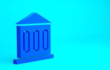 Mavi arkaplanda Blue Bank binası simgesi izole edildi. Minimalizm kavramı. 3d illüstrasyon 3B canlandırma.