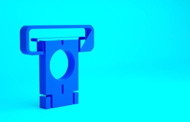Mavi ATM - Otomatik veznedar makinesi ve para ikonu mavi arka planda izole edildi. Minimalizm kavramı. 3d illüstrasyon 3B canlandırma.
