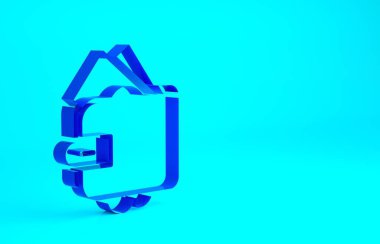 Mavi Cüzdan ve deste deste kağıt para nakit para ikonu mavi arka planda izole. Çanta ikonu. Nakit tasarruf sembolü. Minimalizm kavramı. 3d illüstrasyon 3B canlandırma.