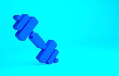 Mavi Dumbbell simgesi mavi arkaplanda izole edildi. Kas kaldırma ikonu, fitness halteri, spor aletleri, egzersiz yaban domuzu. Minimalizm kavramı. 3d illüstrasyon 3B canlandırma.