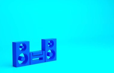 Mavi arka planda iki hoparlör simgesi olan Blue Home stereo. Müzik sistemi. Minimalizm kavramı. 3d illüstrasyon 3B canlandırma.