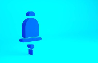 Mavi alarm zili simgesi mavi arkaplanda izole edildi. Yangın alarmı. Servis zili, el zili işareti, uyarı sembolü. Minimalizm kavramı. 3d illüstrasyon 3B canlandırma.