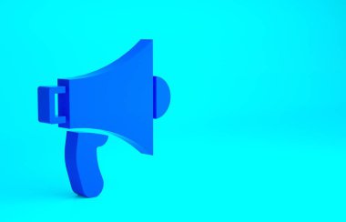 Mavi arkaplanda mavi megafon simgesi izole edildi. Sözcü işareti. Minimalizm kavramı. 3d illüstrasyon 3B canlandırma.