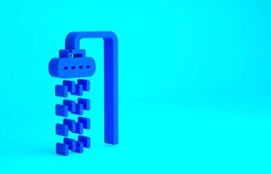 Mavi duş başlığında mavi arkaplanda su damlası ikonu var. Minimalizm kavramı. 3d illüstrasyon 3B canlandırma.