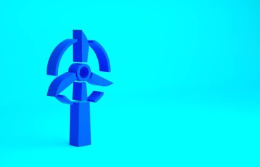 Mavi Rüzgar türbini simgesi mavi arkaplanda izole edildi. Rüzgar jeneratörü işareti. Elektrik üretimi için yel değirmeni. Minimalizm kavramı. 3d illüstrasyon 3B canlandırma.