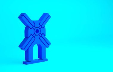 Mavi Rüzgar türbini simgesi mavi arkaplanda izole edildi. Rüzgar jeneratörü işareti. Elektrik üretimi için yel değirmeni. Minimalizm kavramı. 3d illüstrasyon 3B canlandırma.
