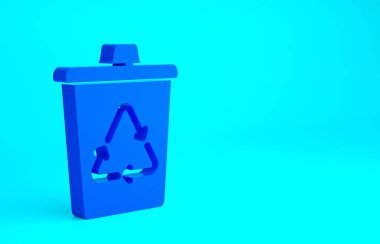 Mavi arkaplanda izole edilmiş geri dönüşüm sembolü simgesi olan mavi geri dönüşüm kutusu. Çöp kutusu simgesi. Çöp kutusu tabelası. Geri dönüşüm sepeti işareti. Minimalizm kavramı. 3d illüstrasyon 3B canlandırma.