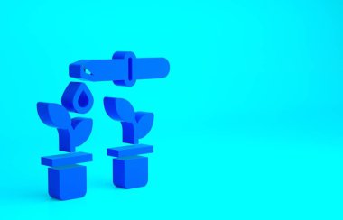 Mavi arkaplanda bulunan bitki ikonunun üzerindeki pipetten mavi damla su damlası. Tıbbi veya tarımsal deneyler. Gübreler ve böcek ilaçları. Minimalizm kavramı. 3d illüstrasyon 3B canlandırma.