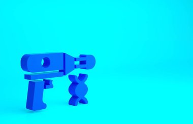 Mavi arka planda, biyolojik laboratuvar simgesinde bulunan mavi transfer sıvısı tabancası. Minimalizm kavramı. 3d illüstrasyon 3B canlandırma.