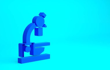 Mavi mikroskop simgesi mavi arkaplanda izole edildi. Kimya, ilaç aleti, mikrobiyoloji büyütme aracı. Minimalizm kavramı. 3d illüstrasyon 3B canlandırma.