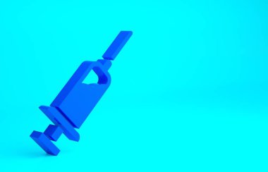 Mavi arka planda serum ikonu olan mavi şırınga. Aşı için şırınga, aşı, iğne, grip aşısı. Tıbbi ekipman. Minimalizm kavramı. 3d illüstrasyon 3B canlandırma.