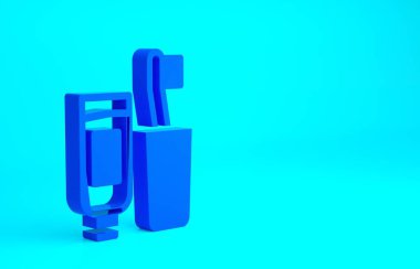 Mavi diş fırçası ve mavi arkaplanda izole edilmiş diş macunu ikonu tüpü. Tek kullanımlık tuvalet malzemeleri. Minimalizm kavramı. 3d illüstrasyon 3B canlandırma.