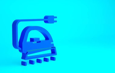 Mavi elektrikli demir ikonu mavi arkaplanda izole edildi. Buhar ütüsü. Minimalizm kavramı. 3d illüstrasyon 3B canlandırma.