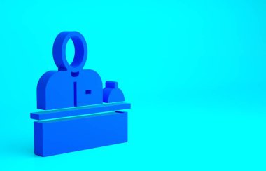 Mavi resepsiyonist, mavi arka planda, otel resepsiyonunda tek başına duruyor. Minimalizm kavramı. 3d illüstrasyon 3B canlandırma.