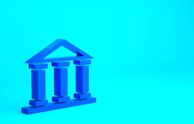 Mavi Mahkeme Binası ikonu mavi arka planda izole edildi. Banka veya müze inşaatı. Minimalizm kavramı. 3d illüstrasyon 3B canlandırma.