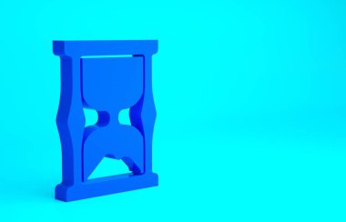 Mavi arka planda kum ikonu olan eski mavi kum saati. Kum saati işareti. İş ve zaman yönetimi kavramı. Minimalizm kavramı. 3d illüstrasyon 3B canlandırma.