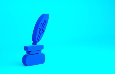 Mavi Tüy ve mürekkep hokkası simgesi mavi arkaplanda izole edilmiş. Minimalizm kavramı. 3d illüstrasyon 3B canlandırma.