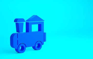 Mavi oyuncak tren ikonu mavi arkaplanda izole edildi. Minimalizm kavramı. 3d illüstrasyon 3B canlandırma.