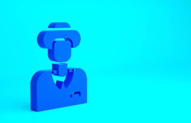 Mavi turist simgesi mavi arka planda izole edildi. Seyahat, tatil, turizm. Minimalizm kavramı. 3d illüstrasyon 3B canlandırma.