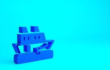 Mavi Yolcu gemisi simgesi mavi arkaplanda izole edildi. Seyahat turizmi deniz taşımacılığı. Yolcu gemisi, yolcu gemisi. Dünya çapında bir gezi. Minimalizm kavramı. 3d illüstrasyon 3B canlandırma.
