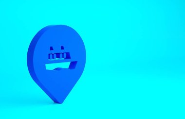 Mavi arka planda mavi ikona sahip mavi konum. Seyahat turizmi deniz taşımacılığı. Yolcu gemisi, yolcu gemisi. Minimalizm kavramı. 3d illüstrasyon 3B canlandırma.