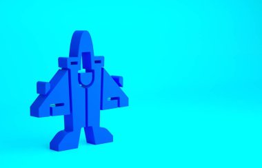 Mavi Jet savaş uçağı ikonu mavi arka planda izole edildi. Askeri uçak. Minimalizm kavramı. 3d illüstrasyon 3B canlandırma.