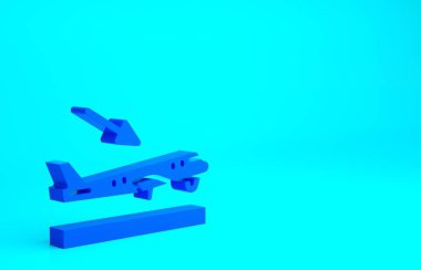 Mavi Uçak iniş ikonu mavi arka planda izole edildi. Uçak taşıma sembolü. Minimalizm kavramı. 3d illüstrasyon 3B canlandırma.