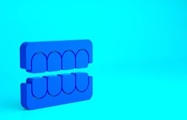 Mavi arka planda mavi sahte çene simgesi izole edildi. Diş çene ya da takma dişler, kesici dişli takma dişler. Minimalizm kavramı. 3d illüstrasyon 3B canlandırma.