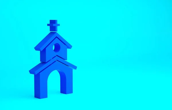 蓝色教堂建筑图标隔离在蓝色背景 基督教会教会的宗教 最低纲领的概念 3D渲染3D插图 — 图库照片