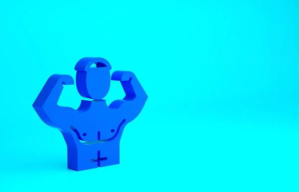 Blauer Bodybuilder Zeigt Sein Muskelsymbol Isoliert Auf Blauem Hintergrund Fit — Stockfoto