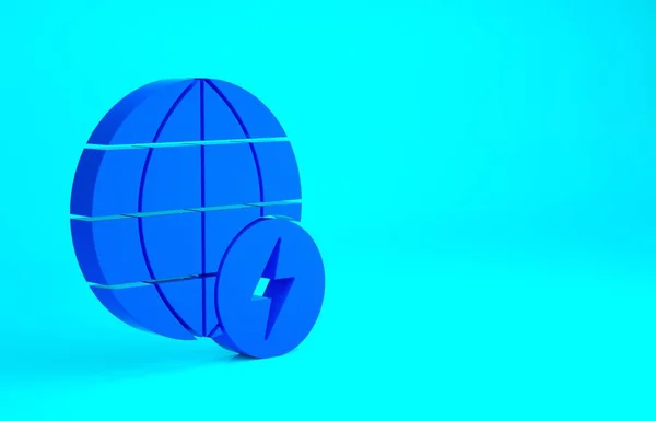 青色の背景には 閃光の雷アイコンが孤立している地球のエネルギー惑星 生態系の概念と環境 最小限の概念 3Dイラスト3Dレンダリング — ストック写真