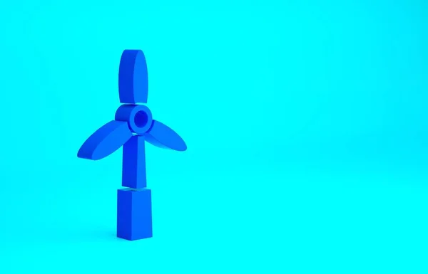 青い背景に分離された青い風力タービンアイコン 風力発電機の標識 電力生産のための風車 最小限の概念 3Dイラスト3Dレンダリング — ストック写真
