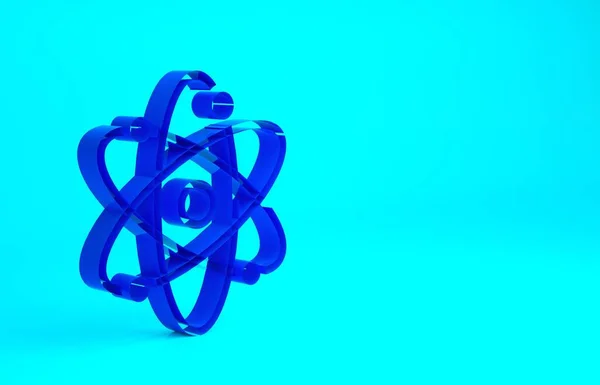 Blue Atom icon isolated on blue background. Symbol of science, education, nuclear physics, scientific research. Minimalism concept. 3d illustration 3D render.