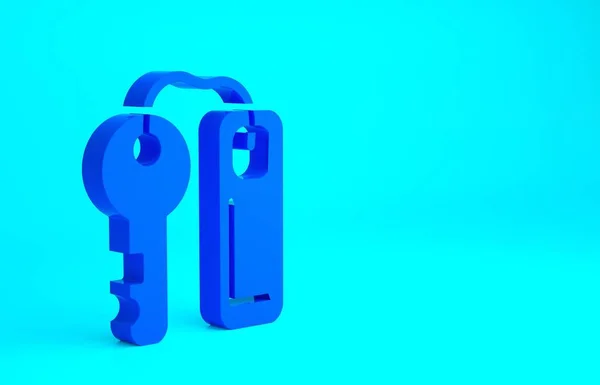 Blue Hotel door lock key with number tag icon isolated on blue background. Minimalism concept. 3d illustration 3D render.