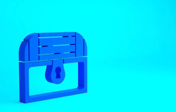 蓝色古董宝箱图标孤立在蓝色背景 老式木箱与金币 最低纲领的概念 3D渲染3D插图 — 图库照片