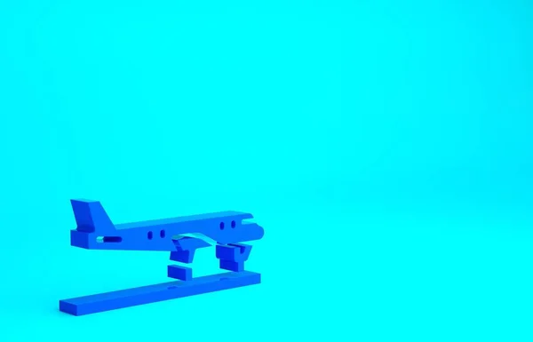 플레인 아이콘은 파란색 배경에 분리되어 비행하는 비행기의 아이콘 라이너 미니멀리즘의 — 스톡 사진