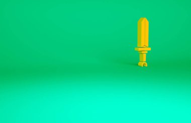Turuncu Ortaçağ kılıç simgesi yeşil arka planda izole edildi. Ortaçağ silahı. Minimalizm kavramı. 3d illüstrasyon 3B canlandırma.