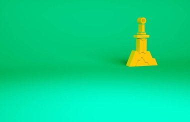 Taş ikonundaki turuncu kılıç yeşil arkaplanda izole edilmiş. Taştaki kılıç Excalibur, Arthur efsanelerinden. Minimalizm kavramı. 3d illüstrasyon 3B canlandırma.