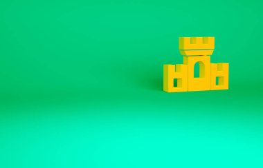 Turuncu Kale simgesi yeşil arkaplanda izole edildi. Kulesi olan bir ortaçağ kalesi. Düşmanlardan koruma. Şehrin güvenilirliği ve savunması. Minimalizm kavramı. 3d illüstrasyon 3B canlandırma.