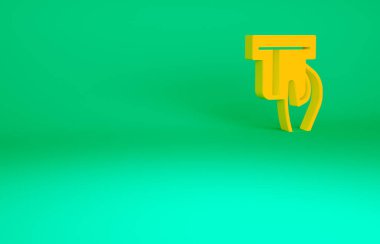 Yeşil arkaplanda izole edilmiş kart okuyucu simgesine eklenen turuncu kredi kartı. ATM para makinesi. Minimalizm kavramı. 3d illüstrasyon 3B canlandırma.