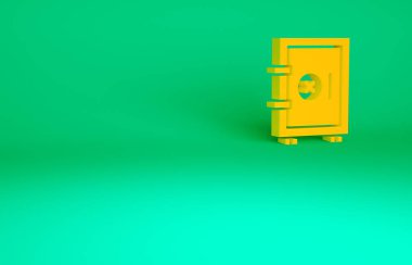 Yeşil arkaplanda turuncu kasa simgesi izole edildi. Kapı, şifreli bir banka kasası. Güvenilir Veri Koruma. Minimalizm kavramı. 3d illüstrasyon 3B canlandırma.
