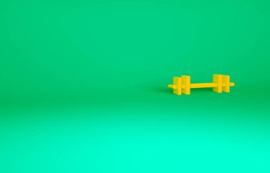 Turuncu halter simgesi yeşil arkaplanda izole edildi. Kas kaldırma ikonu, fitness halteri, spor aletleri, egzersiz yaban domuzu. Minimalizm kavramı. 3d illüstrasyon 3B canlandırma.