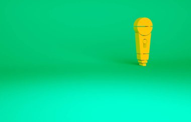 Yeşil arkaplanda turuncu mikrofon simgesi izole edildi. Radyodaki mikrofondan. Sözcü işareti. Minimalizm kavramı. 3d illüstrasyon 3B canlandırma.