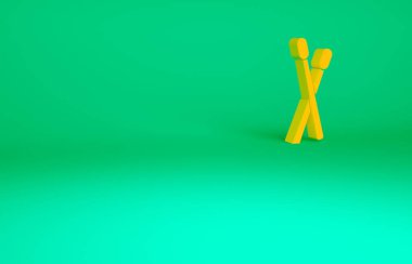 Turuncu davul çubukları simgesi yeşil arkaplanda izole edildi. Müzik aleti. Minimalizm kavramı. 3d illüstrasyon 3B canlandırma.