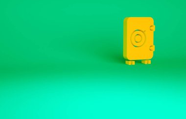 Yeşil arkaplanda turuncu kasa simgesi izole edildi. Kapı, şifreli bir banka kasası. Güvenilir Veri Koruma. Minimalizm kavramı. 3d illüstrasyon 3B canlandırma.