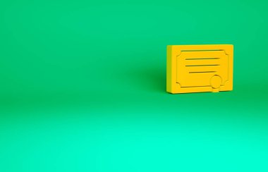 Turuncu Sertifika şablon simgesi yeşil arkaplanda izole edildi. Başarı, ödül, diploma, burs, diploma kavramları. Minimalizm kavramı. 3d illüstrasyon 3B canlandırma.