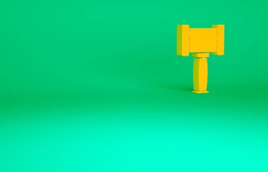 Turuncu Yargıç Tokmak simgesi yeşil arka planda izole edildi. Gavel cezaların, faturaların, mahkemenin, adaletin hükmünü verecek. Açık arttırma çekici. Minimalizm kavramı. 3d illüstrasyon 3B canlandırma.