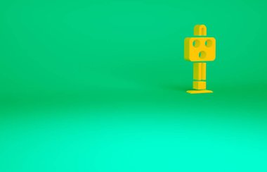 Turuncu tren trafik ışığı ikonu yeşil arka planda izole edildi. Trenlerin hareketlerini düzenlemek için demiryolu için trafik ışıkları. Minimalizm kavramı. 3d illüstrasyon 3B canlandırma.