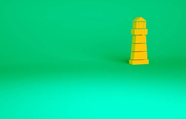 Yeşil arka planda turuncu deniz feneri simgesi izole edildi. Minimalizm kavramı. 3d illüstrasyon 3B canlandırma.