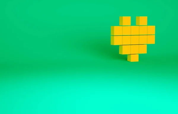 緑の背景に隔離されたゲームアイコンのためのオレンジピクセルハート 最小限の概念 3Dイラスト3Dレンダリング — ストック写真